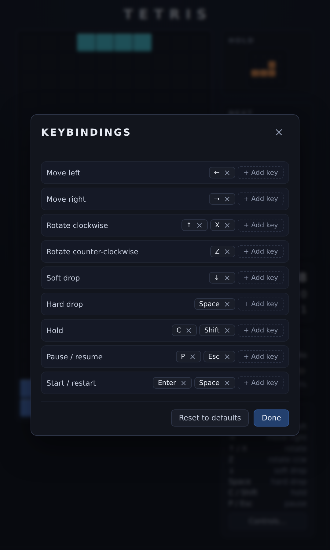 The key-binding panel